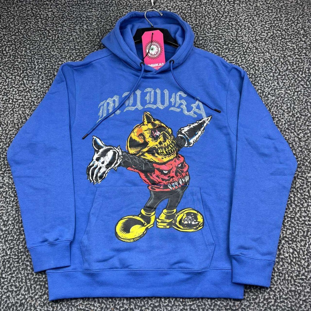 Mishka NYC Keep Watch Skull Drill Graphic Hoodie Men Medium Blue Long Sleeve M